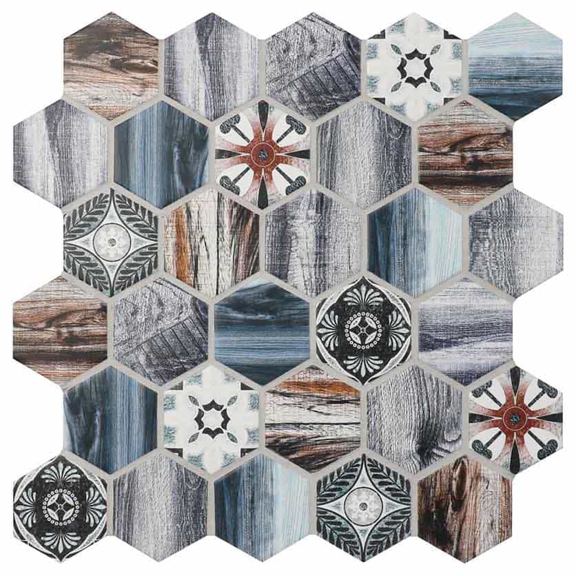 мозаика керамическая с синими чипами с рисунком на сетке mumbai