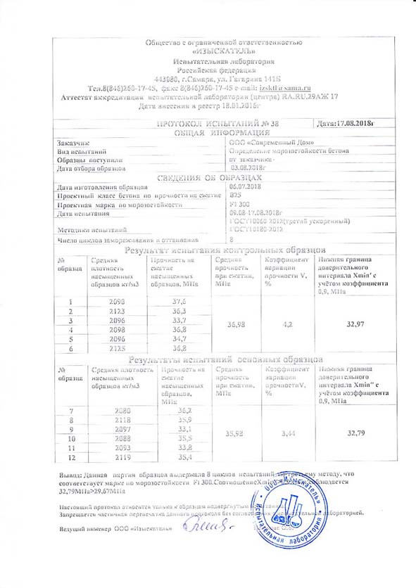 Протокол испытаний №38 определение морозостойкости бетона компании Современный ДОМ