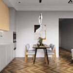 Керамогранит под паркет елочкой Hardwood honey фото в интерьере на полу