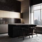 Стеклянная коричневая мозаика на сетке Arabika 327х327 см чип 20x20 мм фото в интерьере на фартуке кухни