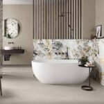 Керамогранит берый мрамор с интенсивными прожилками Pamesa Cr. Lux Grotta Oro Pul. Rect 60x120 фото в интерьере