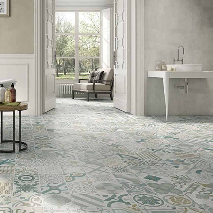 керамогранит пэчворк pamesa Provensza L Gris 60x60 с рисунками керамогранит серый матовый pamesa Provensza Gris и L gris 60x60 фото в интерьере